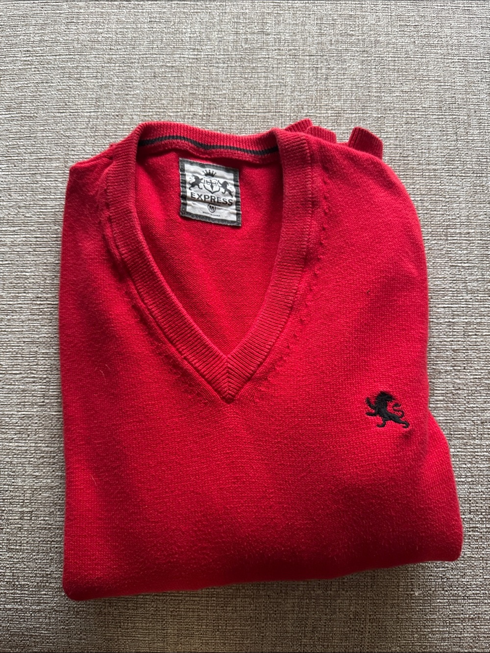 Express Men’s Red V-Neck Sweater with Black Logo